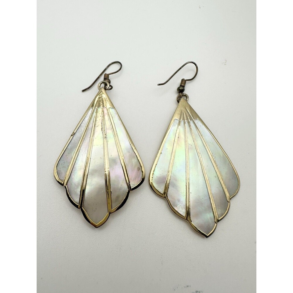 Vintage Carved Mother of Pearl Fan Shaped Earrings Gold Tone